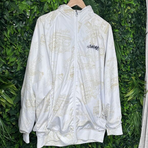 Y2K ECKO UNLTD Jacket Men XL White Full Zip All Over Print Hidden Hoodie 2355 - Picture 3 of 11